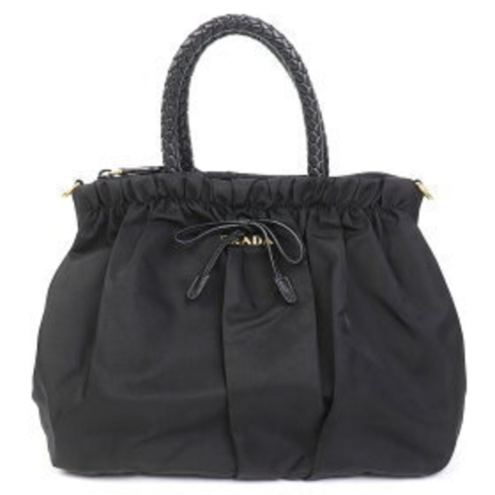 Prada Bow Bag Ribbon Shoulder Logo Metal Tote Black Tessuto